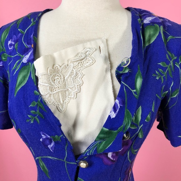 Vintage 80s floral button up purple midi dress 6S - Picture 6 of 7